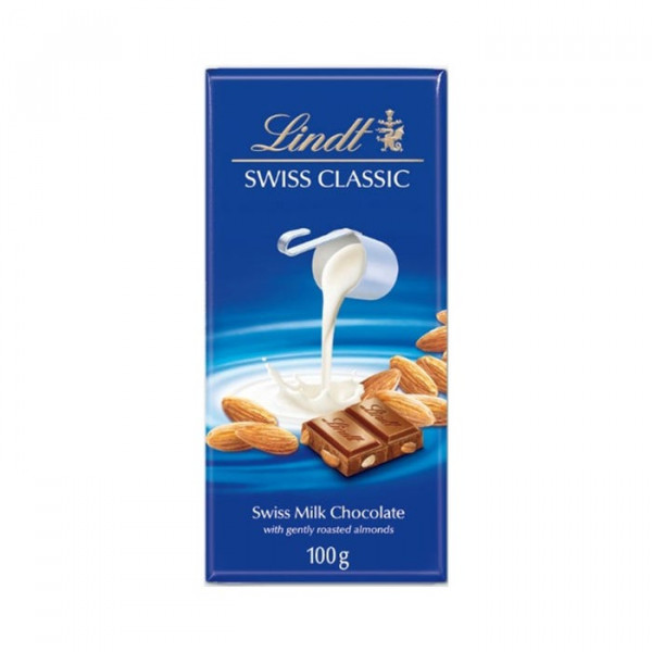 шоколад линдт млечен с парчета бадеми 100гр