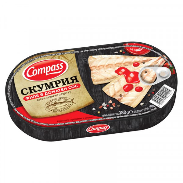 консерва компас скумрия филе в подлютен доматен сос 180гр